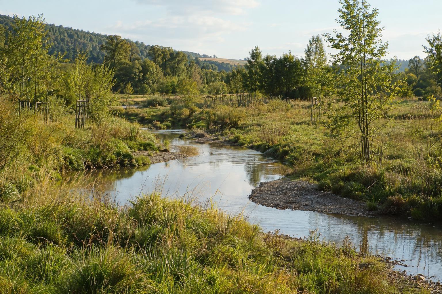 Cours d’eau aux méandres restaurés au milieu d’une prairie et de jeunes arbres
