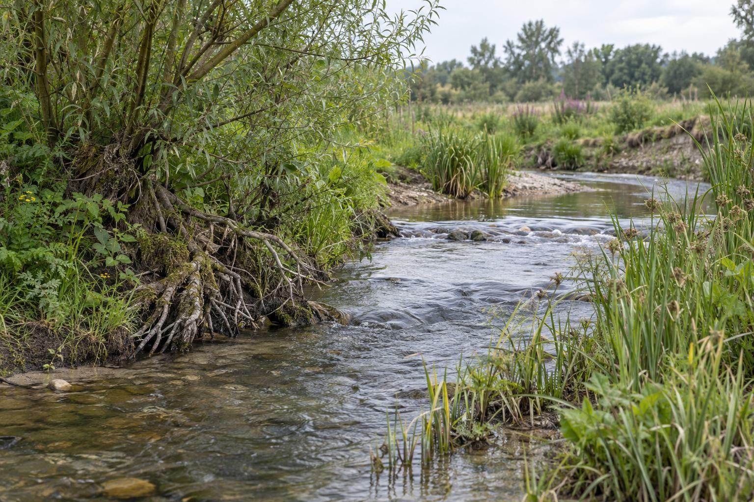 L’eau circule au pied de racines et de plantes de berge, dans un cours d’eau rural