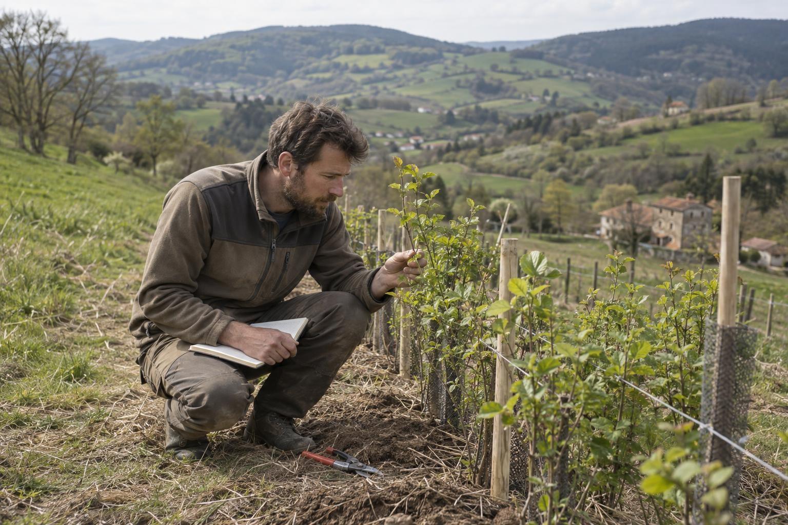 Un agriculteur observe un jeune arbuste planté dans une haie en cours d’installation dans le Pilat
