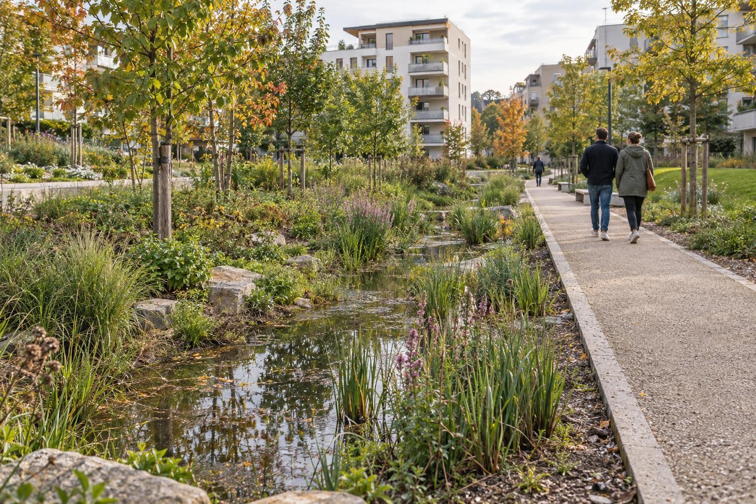 Un jardin de pluie végétalisé recueille l’eau de pluie le long d’un chemin dans un quartier résidentiel
