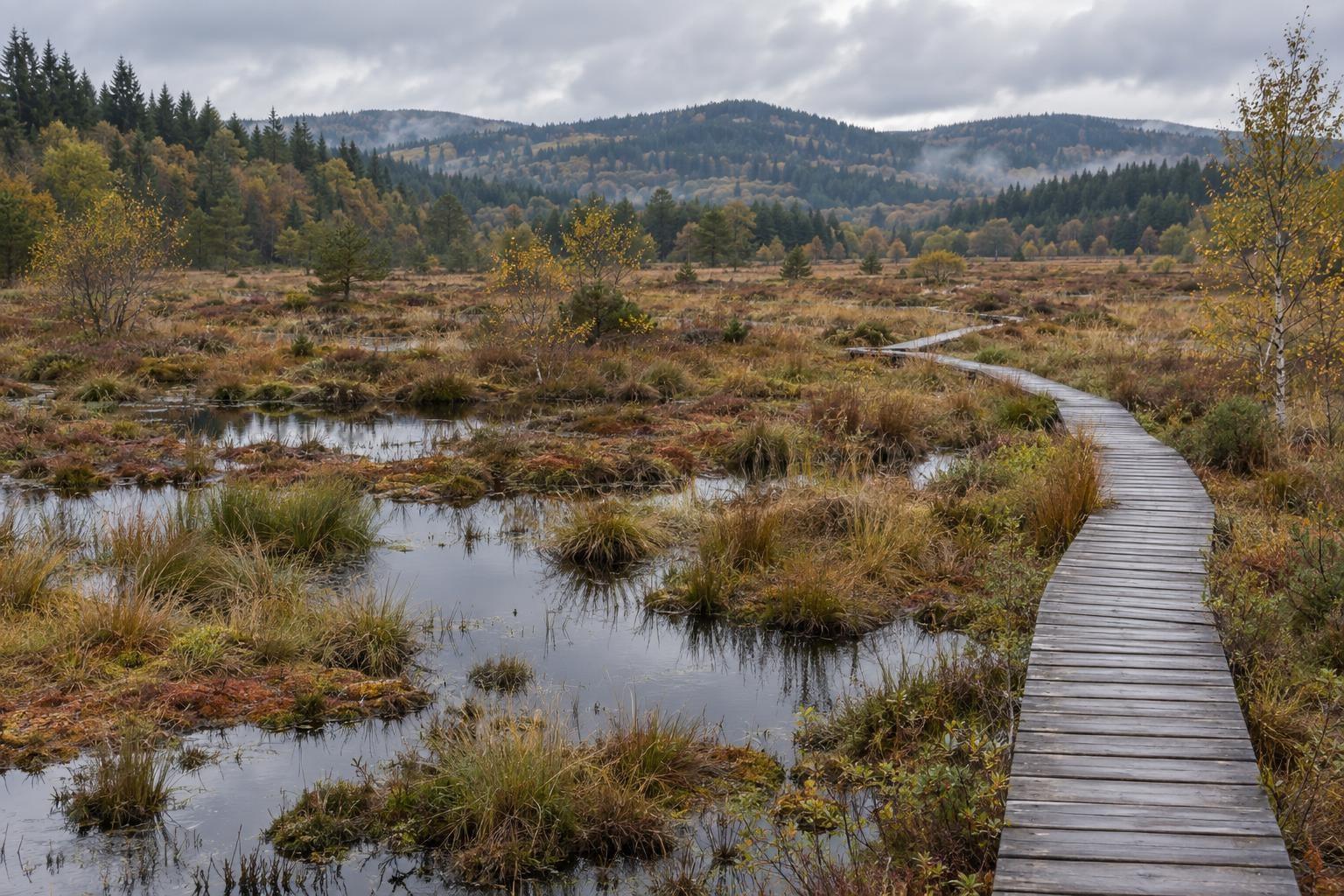 Une tourbière restaurée dans le paysage du plateau de Millevaches, avec une passerelle de bois au-dessus des zones humides