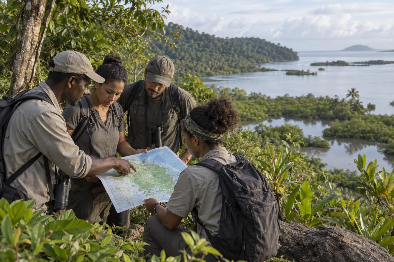 Des membres d’une équipe de conservation examinent une carte au bord d’un milieu naturel en Guyane