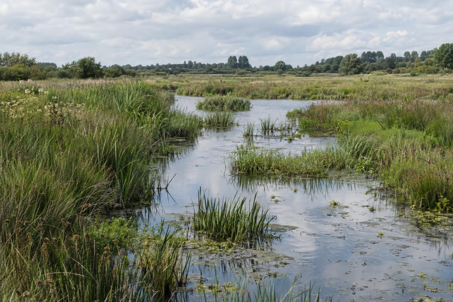 Un chenal peu profond traverse une prairie humide bordée de végétation de marais