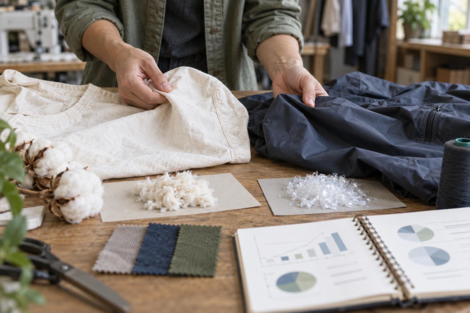 Deux vêtements de matières différentes sont comparés sur une table avec des échantillons textiles et des graphiques d’analyse