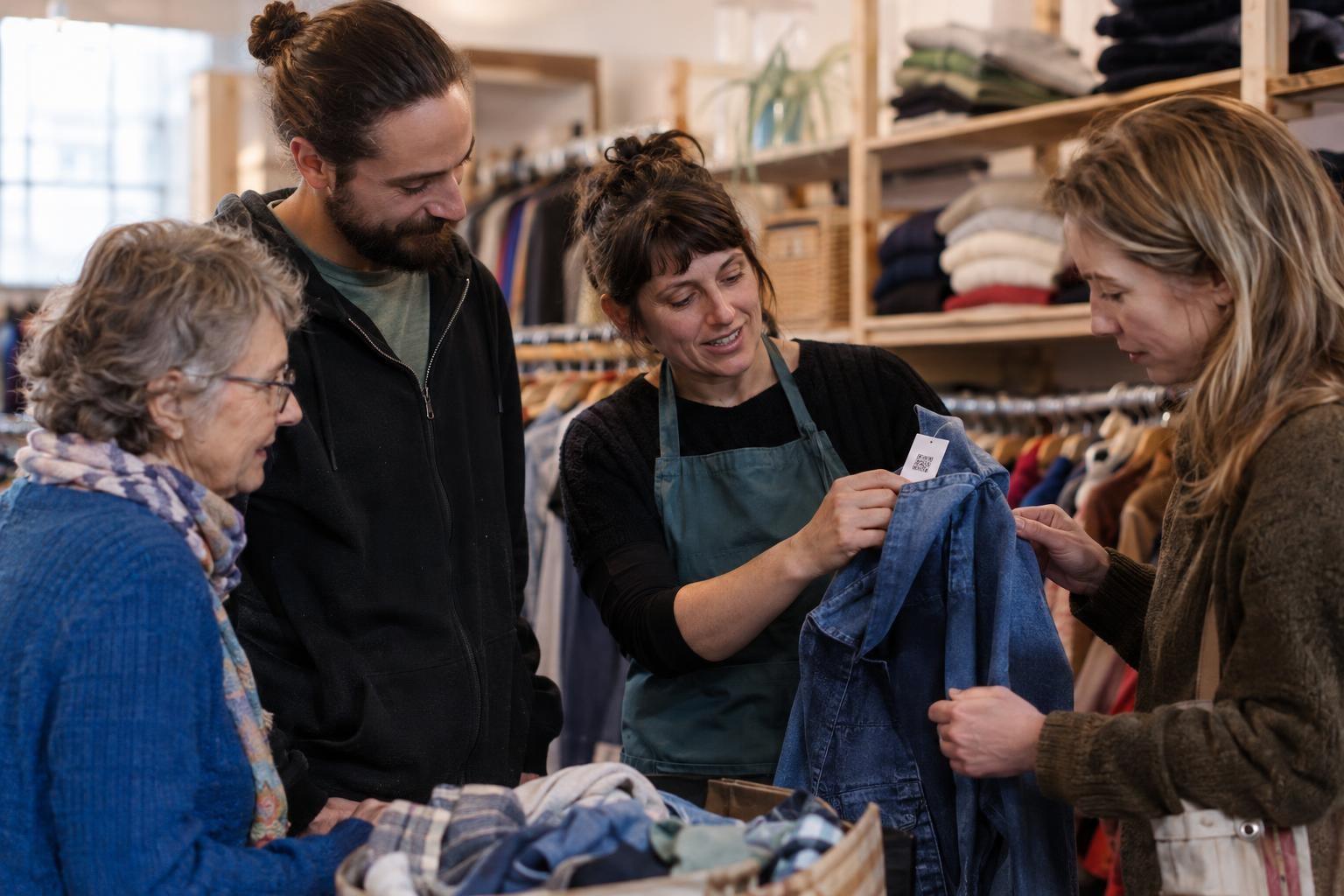 Des bénévoles et une professionnelle d’une ressourcerie textile échangent autour d’un vêtement et de son étiquette
