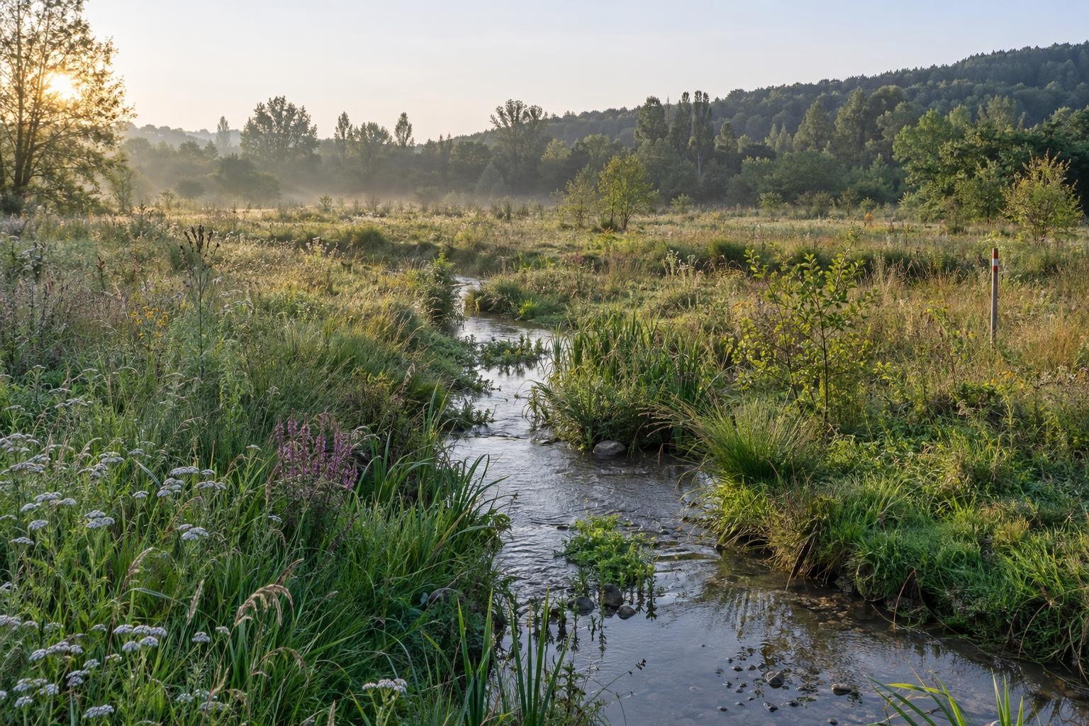 Un ruisseau traverse une prairie restaurée, où le suivi écologique peut se poursuivre au fil des saisons