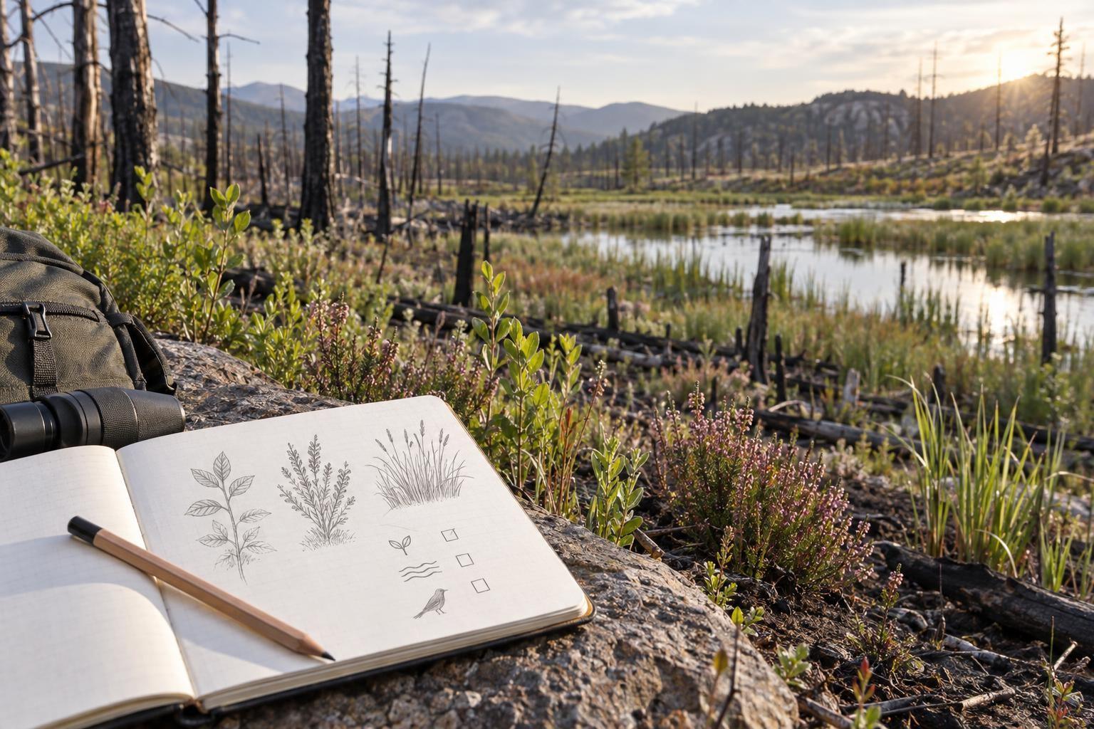 Carnet d’observation et jeunes plantes dans un milieu forestier touché par le feu, illustration de suivi écologique