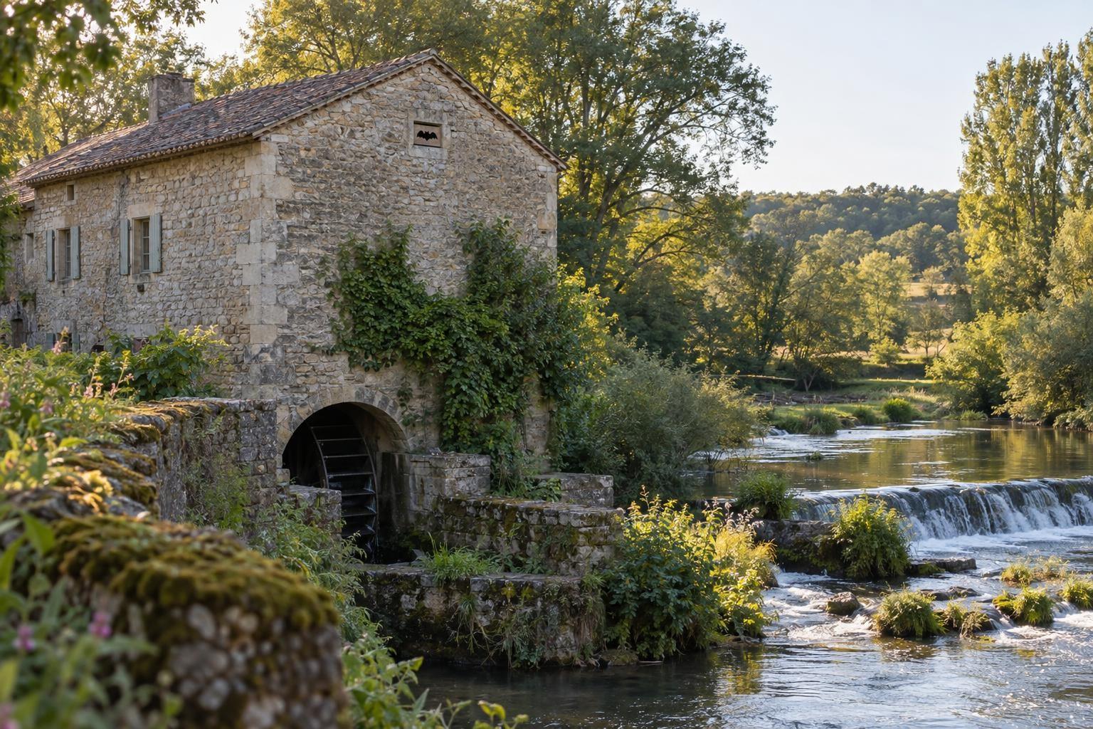 Ancien moulin en pierre près d’une rivière, illustration du lien entre bâti ancien et biodiversité