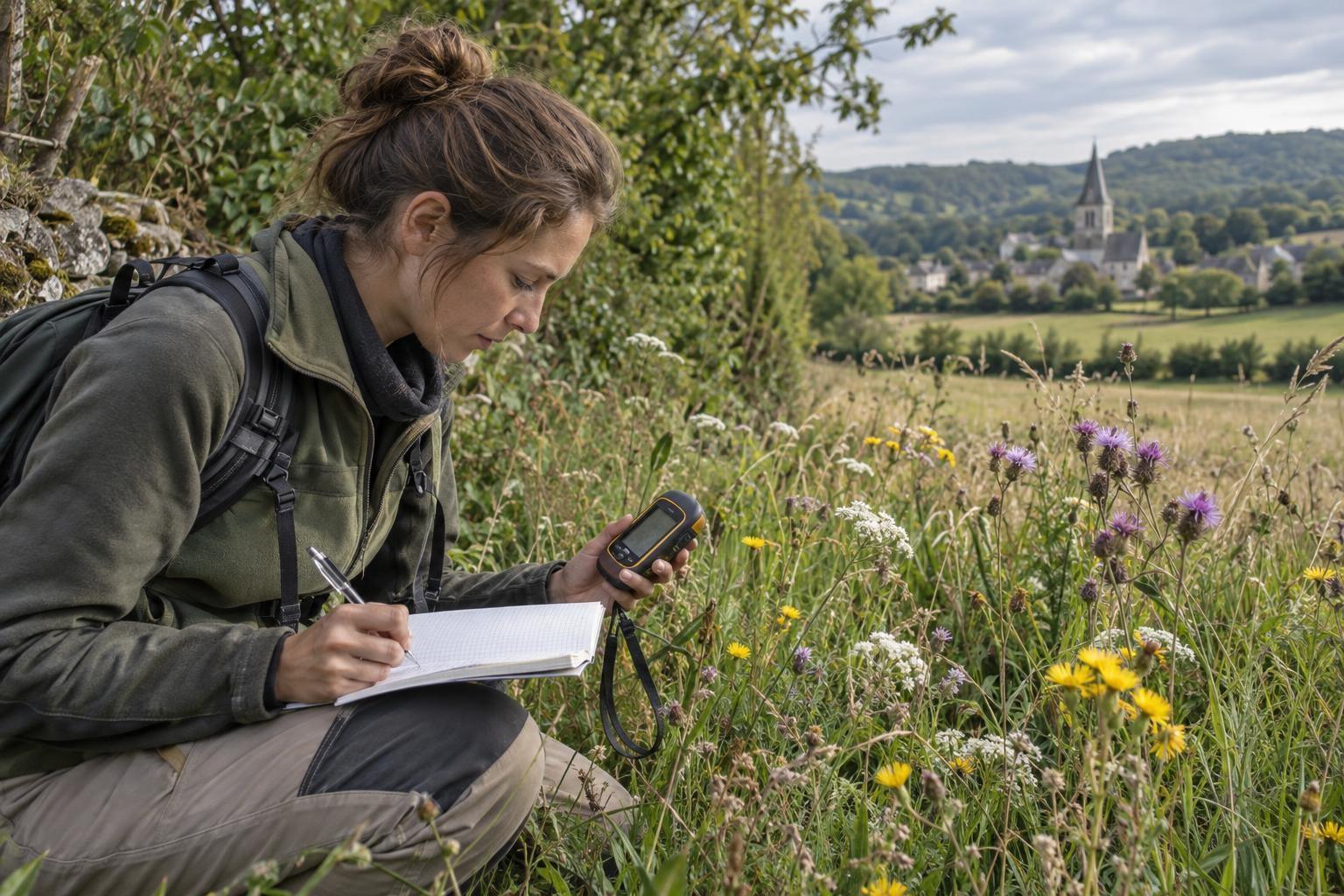 Une écologue relève des observations dans une prairie fleurie à l’aide d’un carnet et d’un GPS