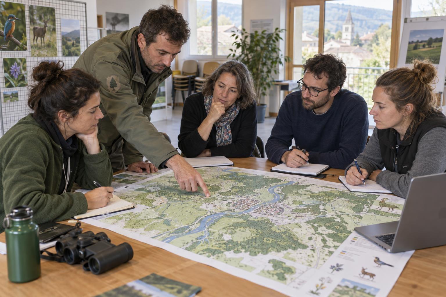 Des acteurs locaux échangent autour d’une carte pour préparer des actions en faveur de la biodiversité