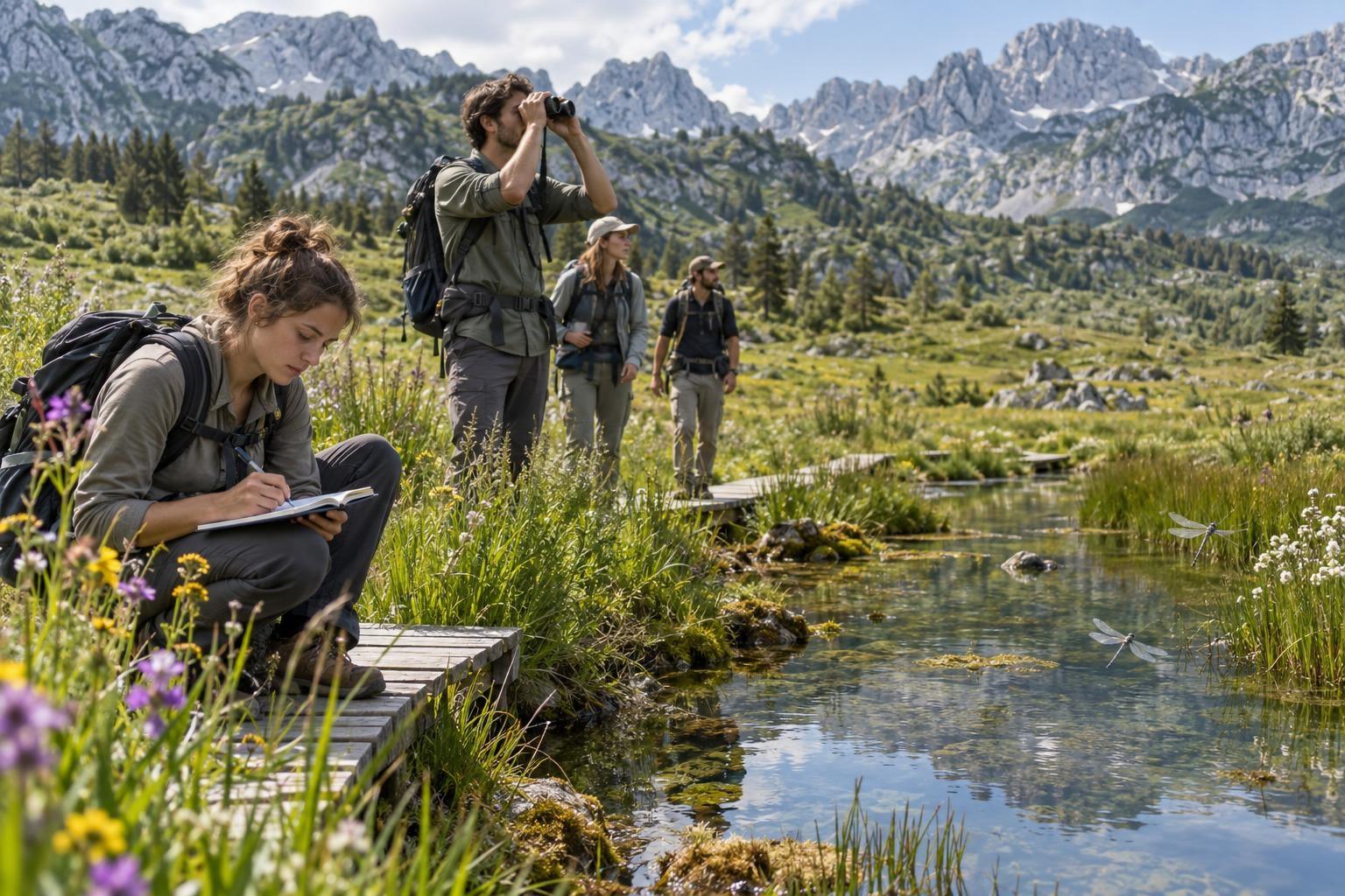 Des naturalistes observent et notent la biodiversité d’une zone humide des Alpes dinariques