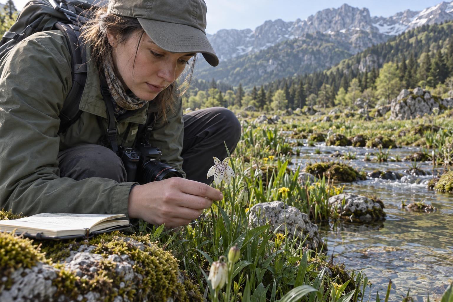 Une naturaliste consigne une observation de plante au bord d’un ruisseau de montagne