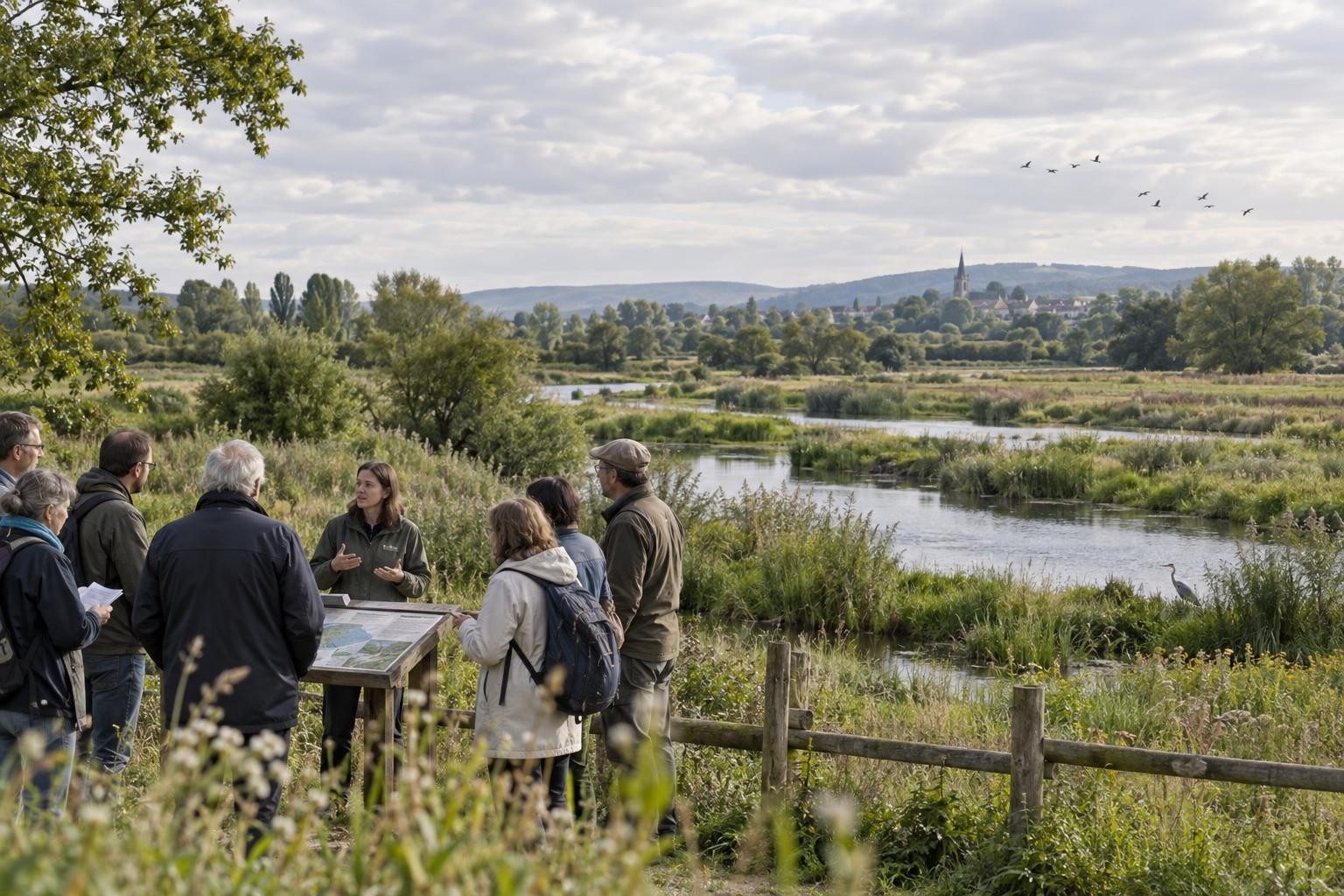 Des habitants et des spécialistes échangent près d’une zone humide au sujet de la restauration des milieux