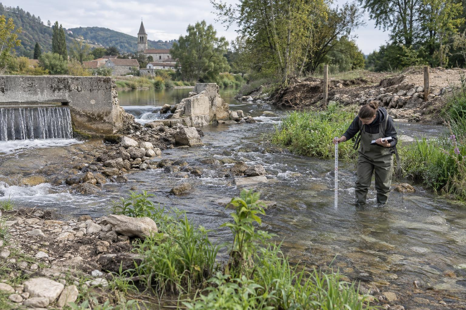 Une spécialiste observe un cours d’eau dans une zone où des travaux de restauration écologique sont envisagés