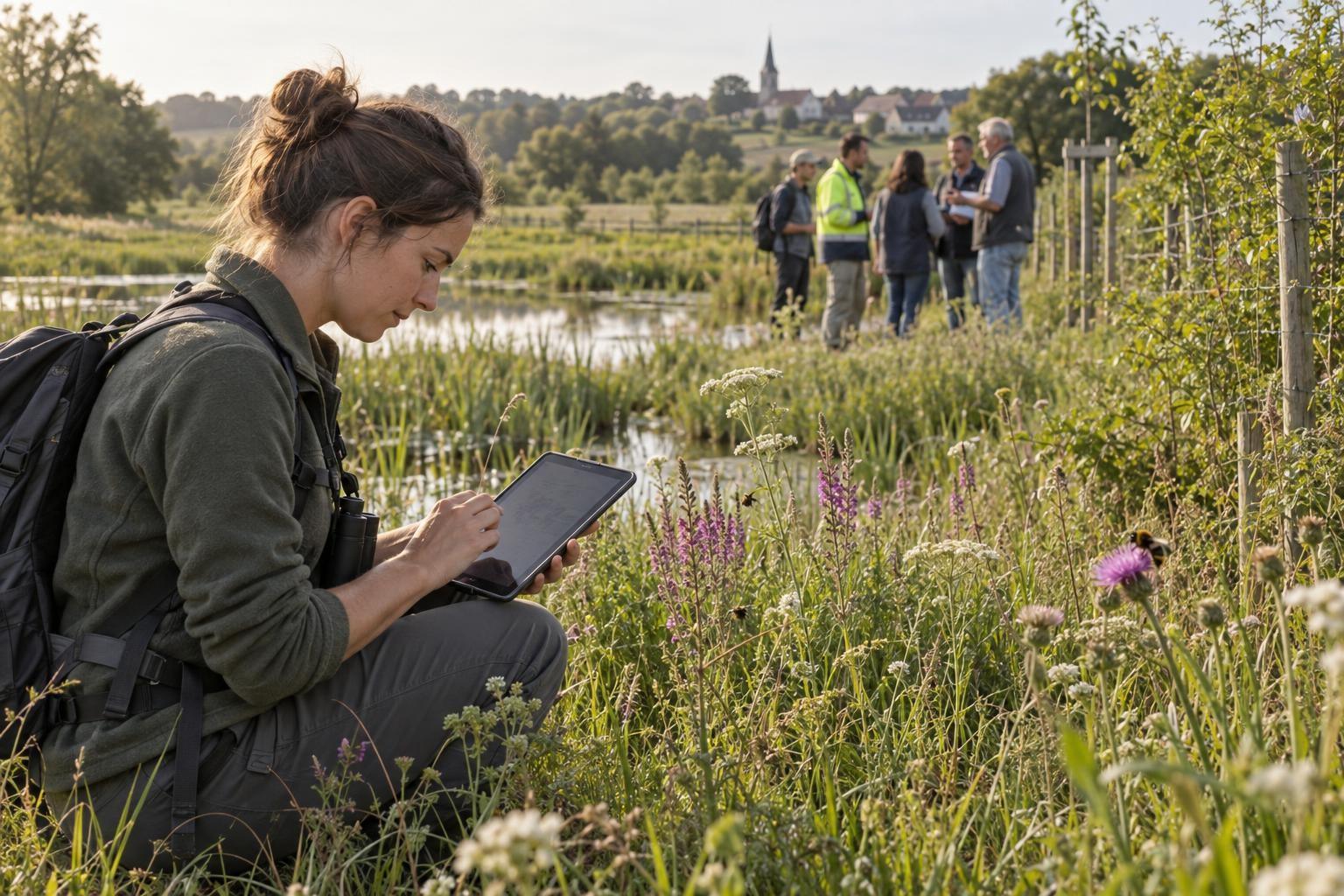 Une écologue consigne des observations de terrain dans une prairie humide suivie après restauration