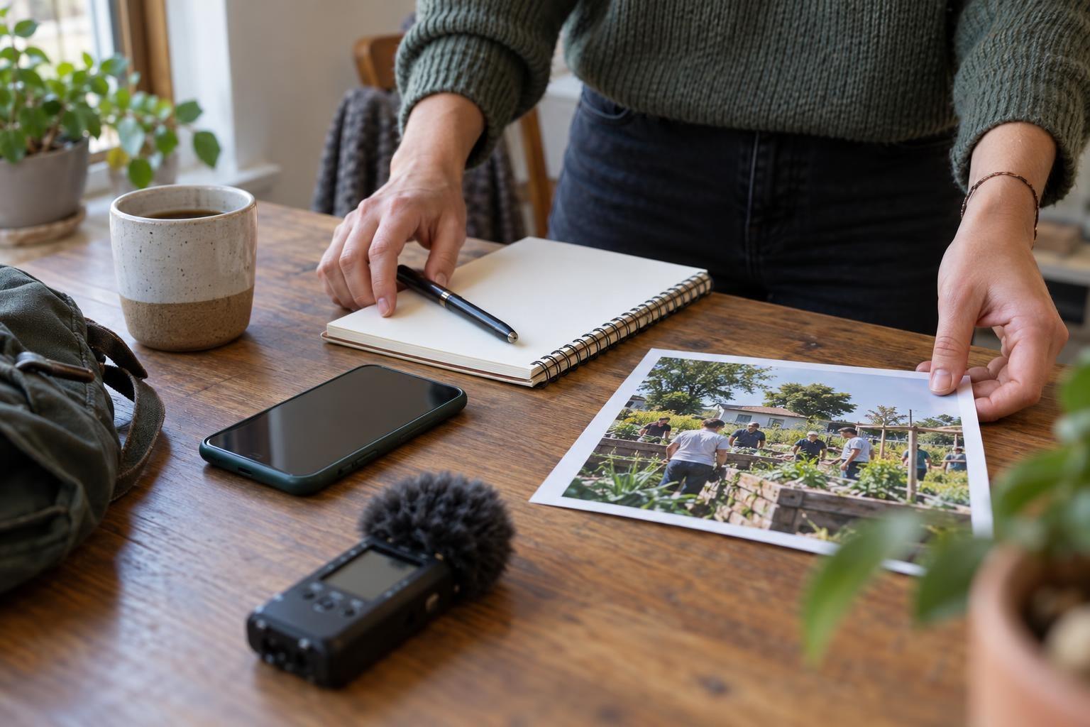 Préparation d’une proposition d’interview avec un carnet, un téléphone et une photographie de projet