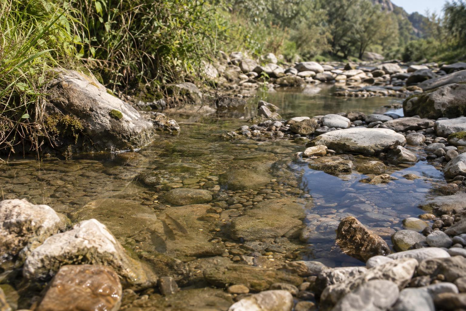 Un petit cours d’eau traverse un lit de pierres avec un faible niveau d’eau en fin d’été