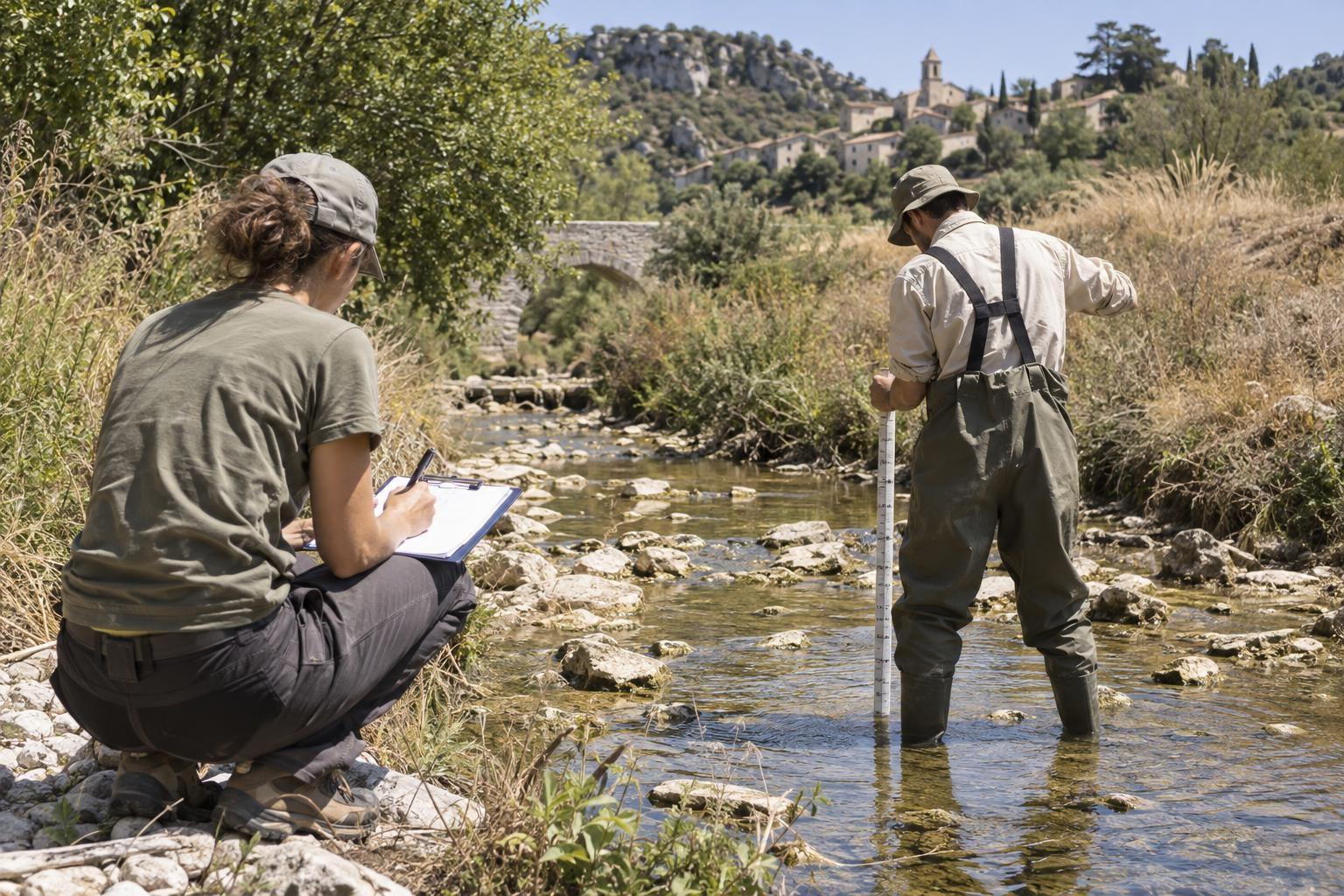 Deux écologues observent le débit d’un petit cours d’eau et consignent leurs mesures