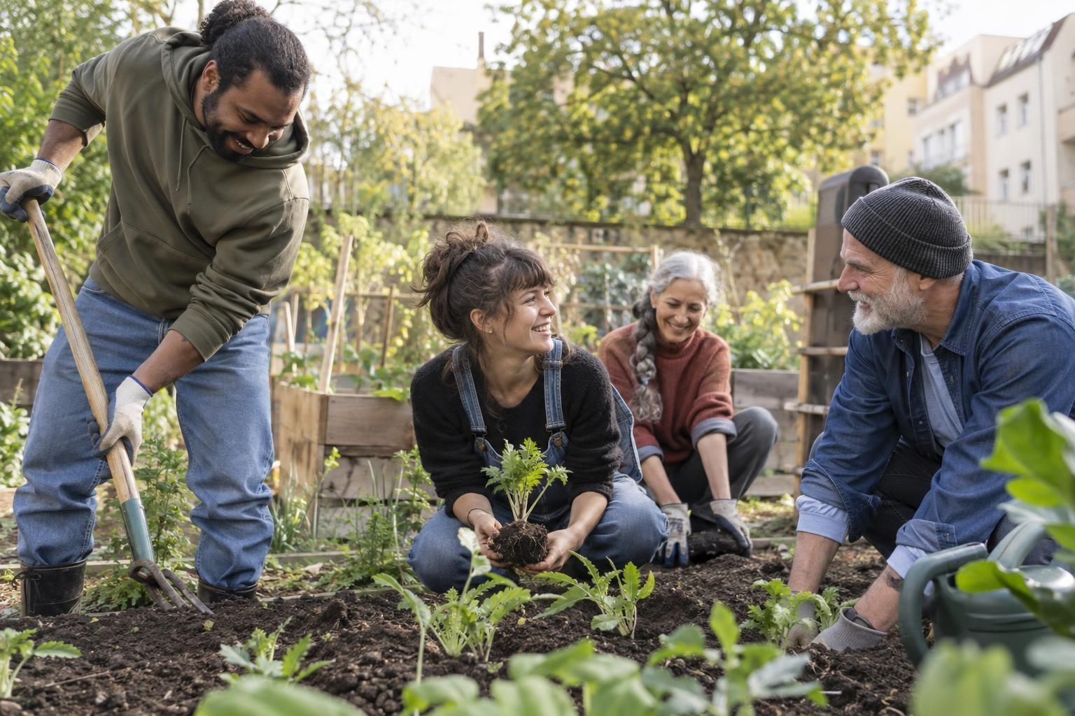 Des habitants de générations différentes plantent ensemble dans un jardin partagé