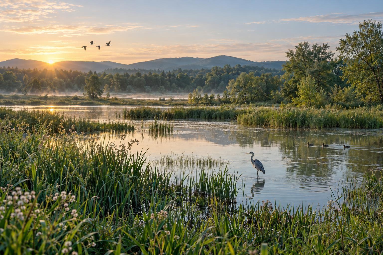 Zone humide au lever du jour, avec roselière et oiseaux, illustration d’un milieu vivant suivi dans le temps