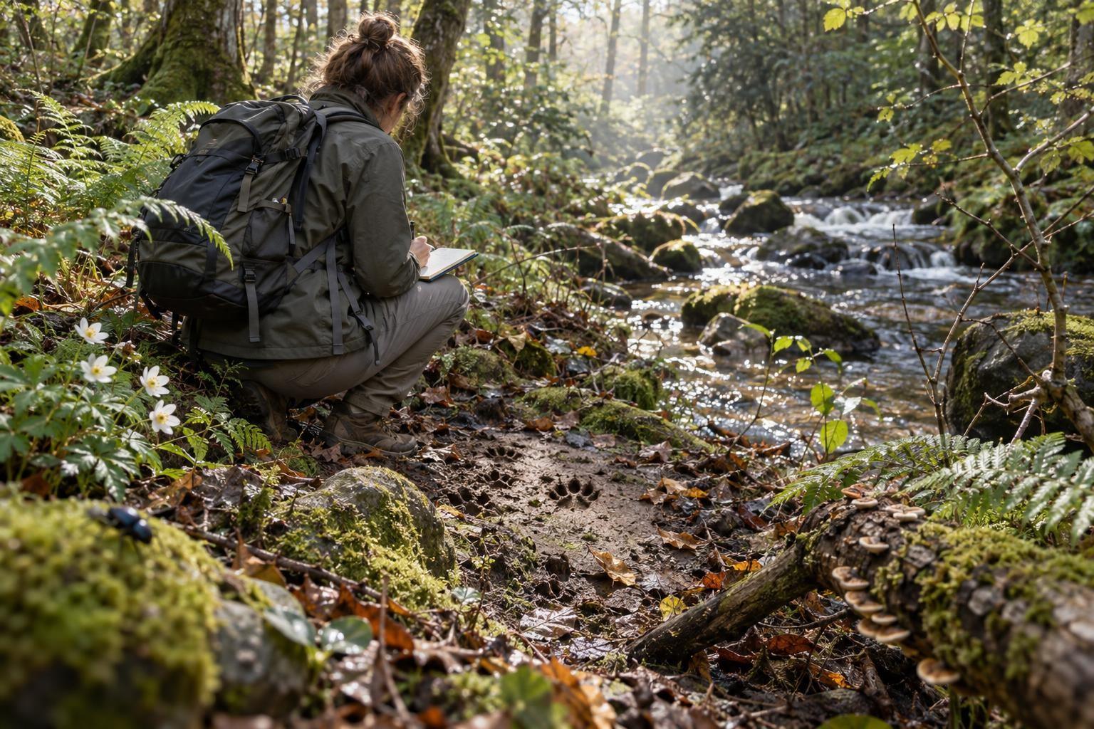 Une naturaliste consigne des observations près d’un ruisseau forestier, exemple de suivi de terrain de la biodiversité