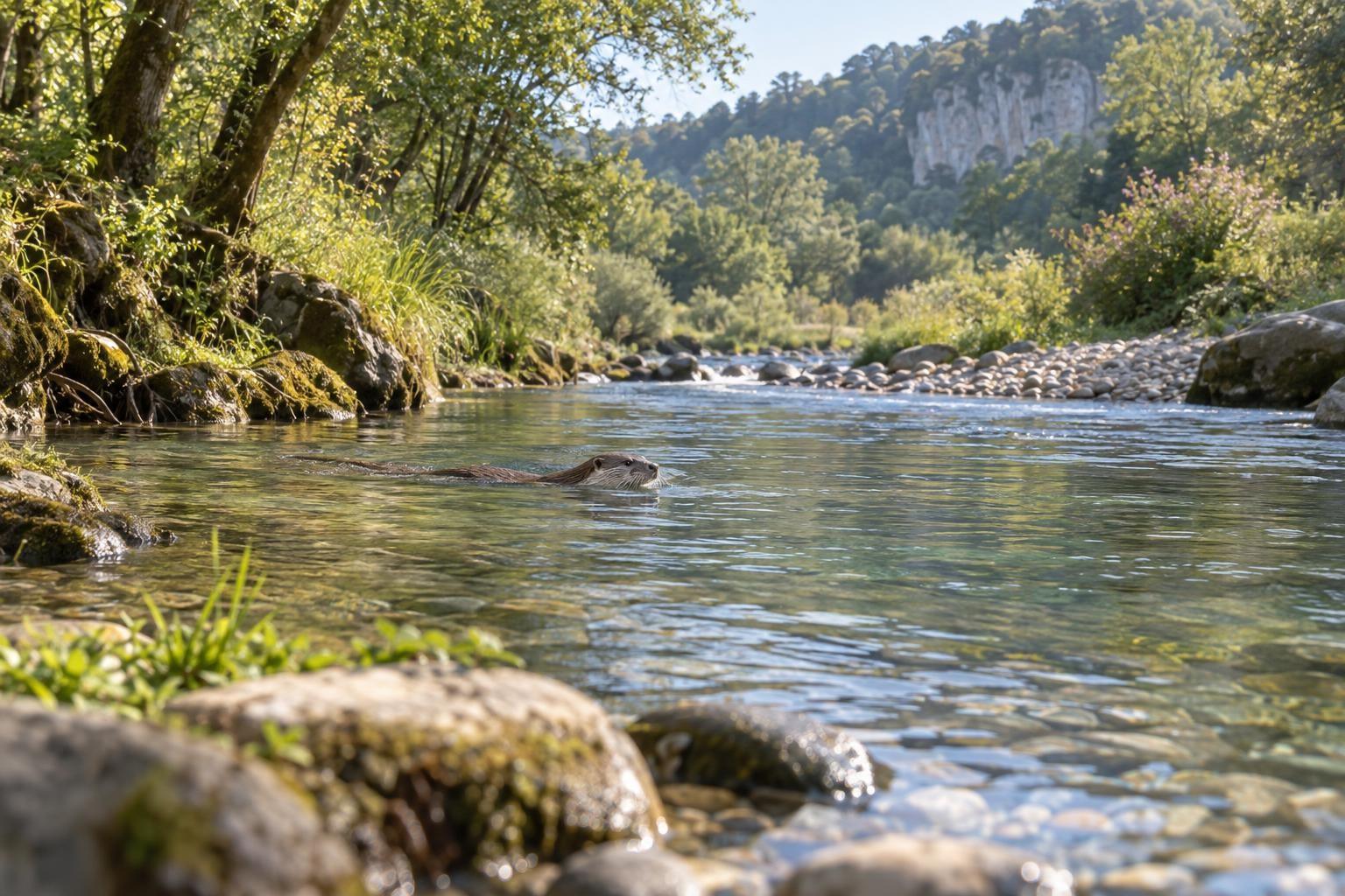 Une loutre d’Europe nage dans une rivière claire bordée de végétation, illustration d’une population pouvant bénéficier d’actions de conservation