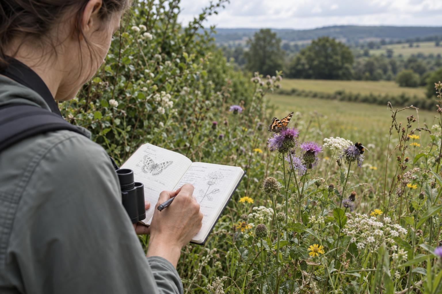 Une naturaliste note ses observations dans une prairie fleurie, au cours d’un inventaire de terrain
