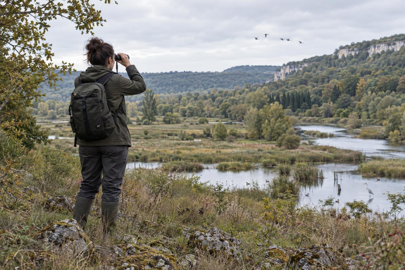 Une naturaliste observe une mosaïque de zones humides, de cours d’eau et de boisements