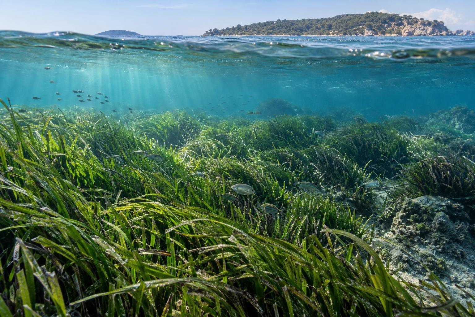 Prairie de Posidonie dense sous la surface de la mer Méditerranée, habitat de petits poissons