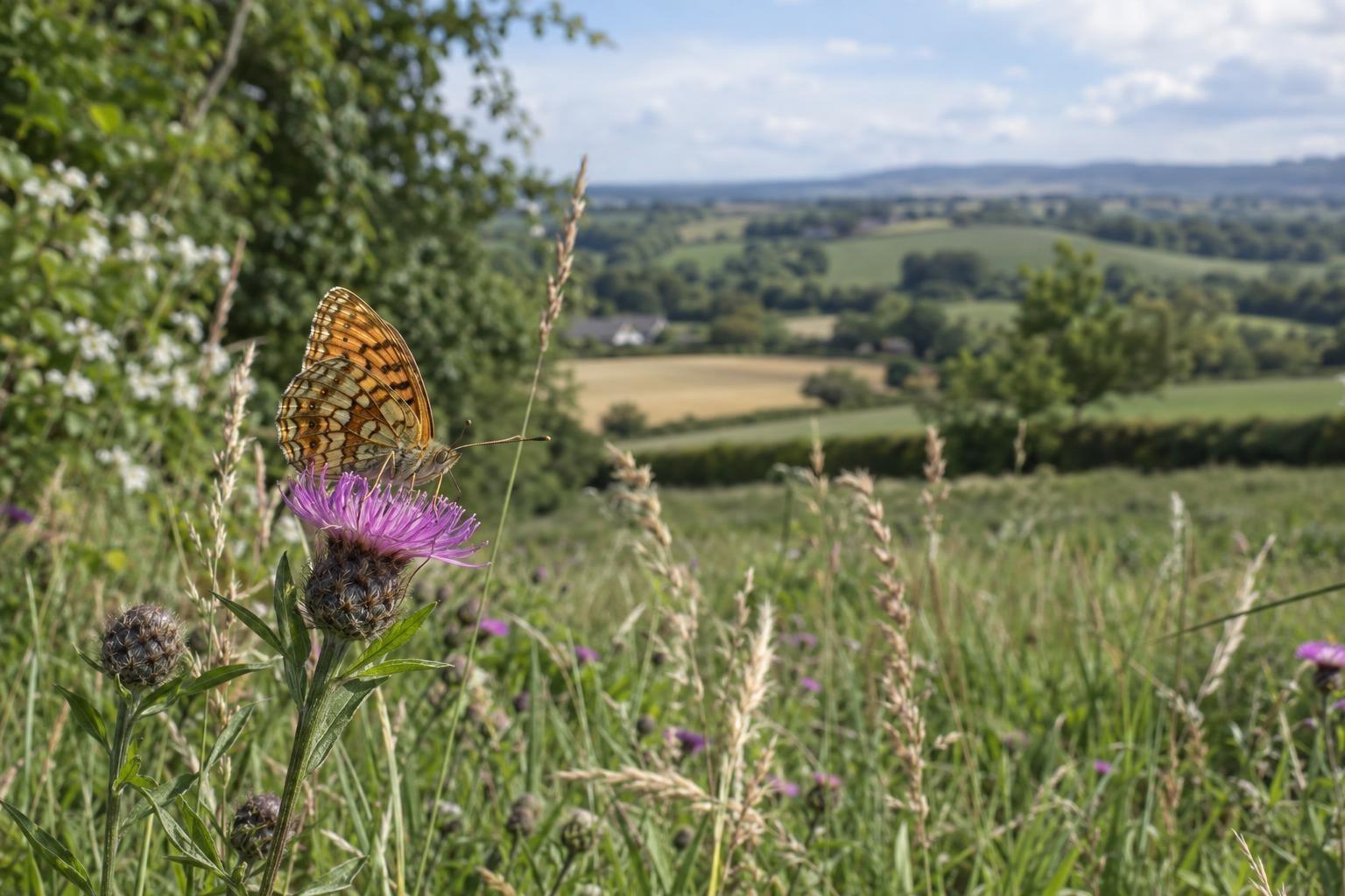 Un papillon posé sur une fleur au bord d’une prairie avec des champs en arrière-plan