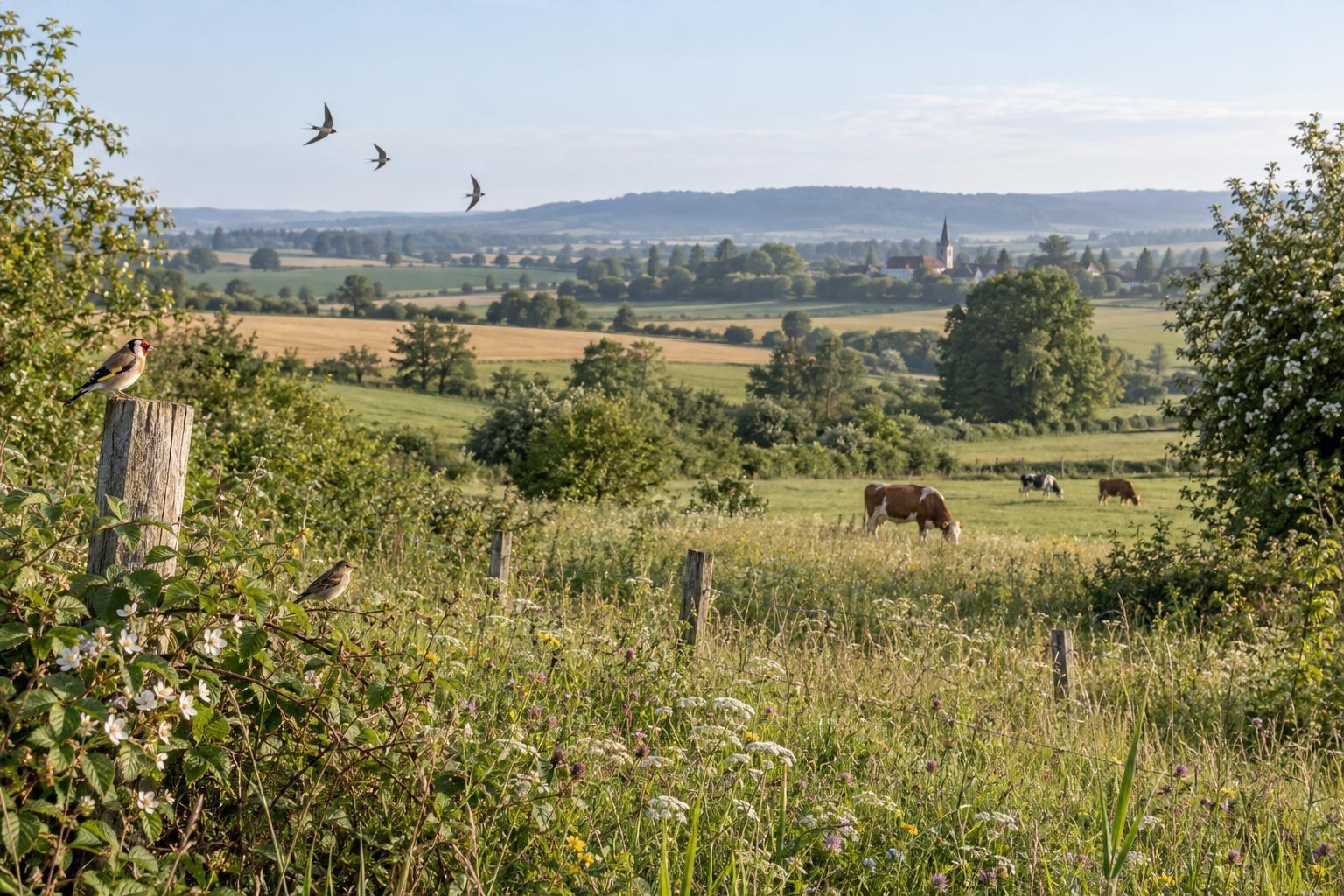Paysage agricole européen composé de prairies, de haies, de champs et d’oiseaux communs