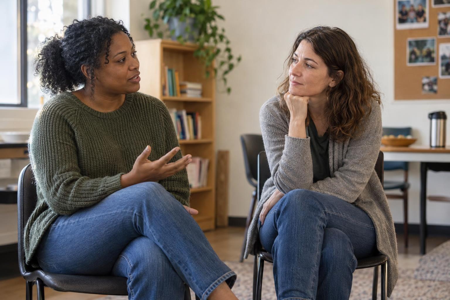 Une personne écoute une autre dans un lieu associatif, dans un échange calme et respectueux