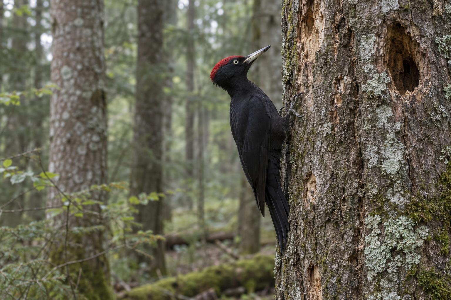 Pic noir dans une forêt française, accroché à un vieux tronc