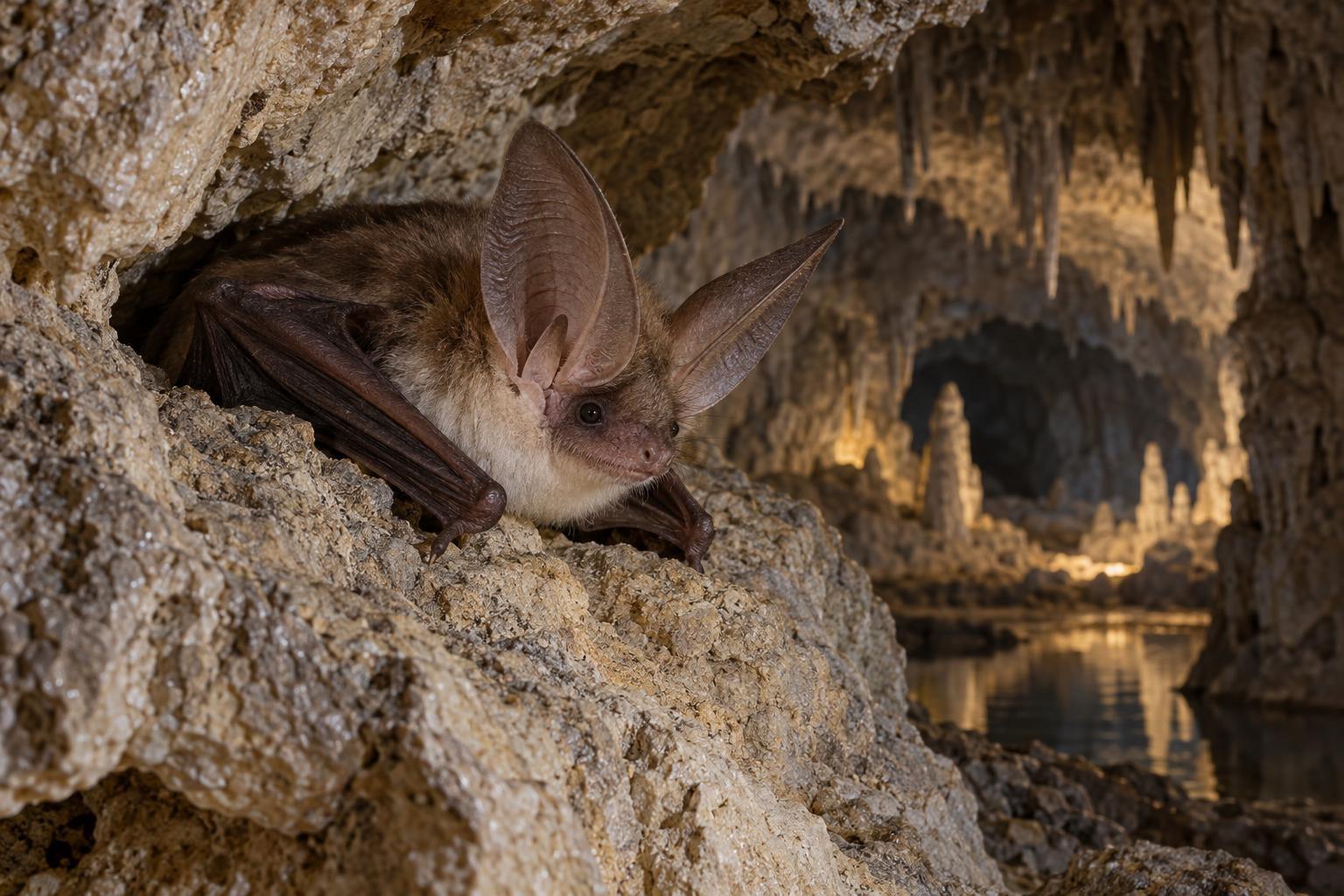 Grand murin installé dans une cavité rocheuse, illustration de la conservation des chauves-souris
