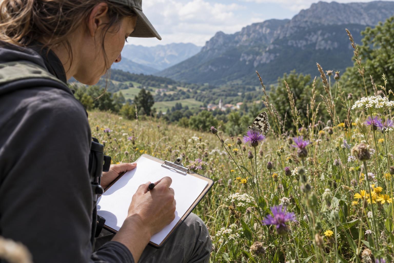 Une naturaliste observe les insectes et les plantes d’une prairie lors d’un relevé de terrain