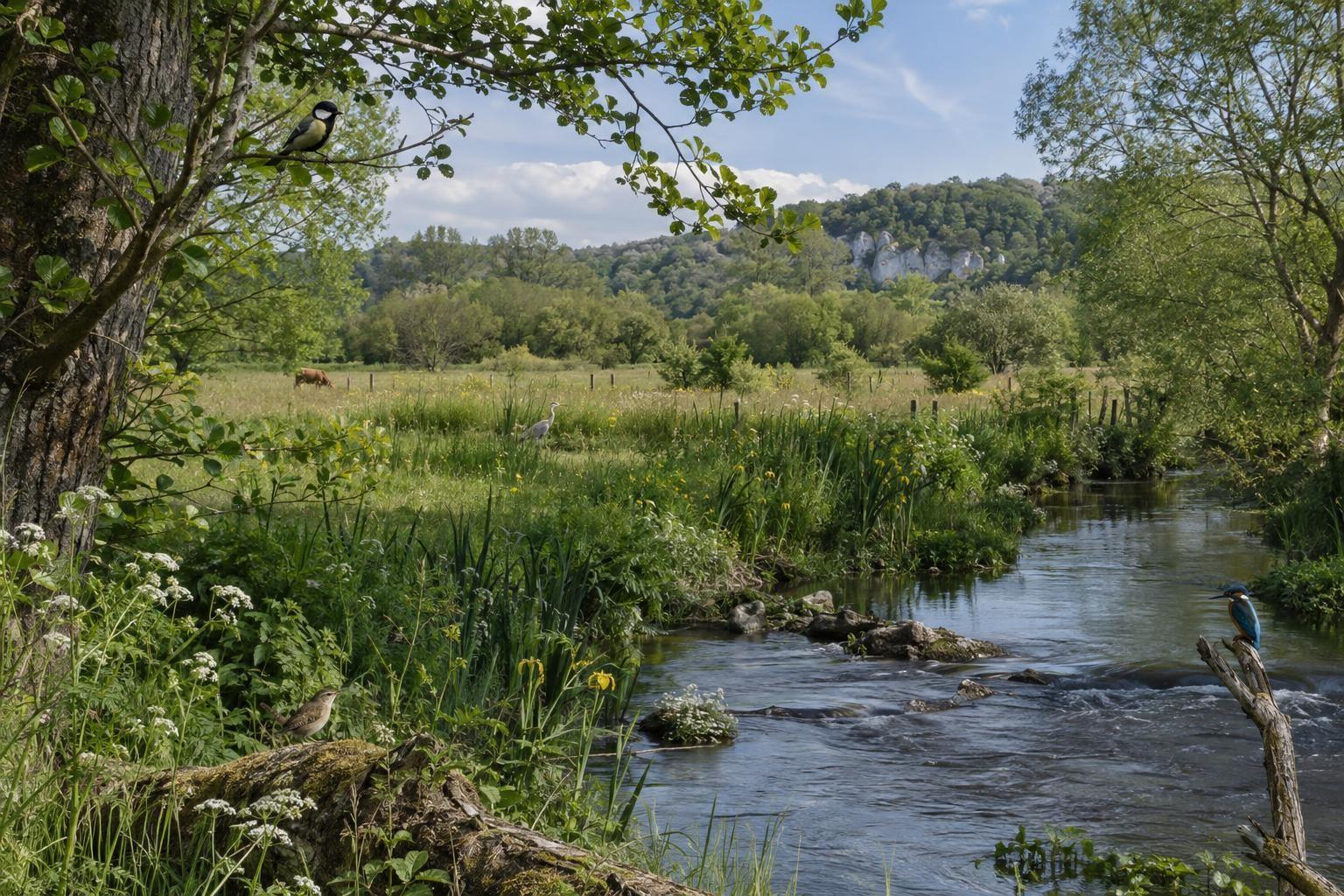 Un paysage de prairie, de cours d’eau et de lisières boisées montre les habitats dont dépendent plusieurs espèces